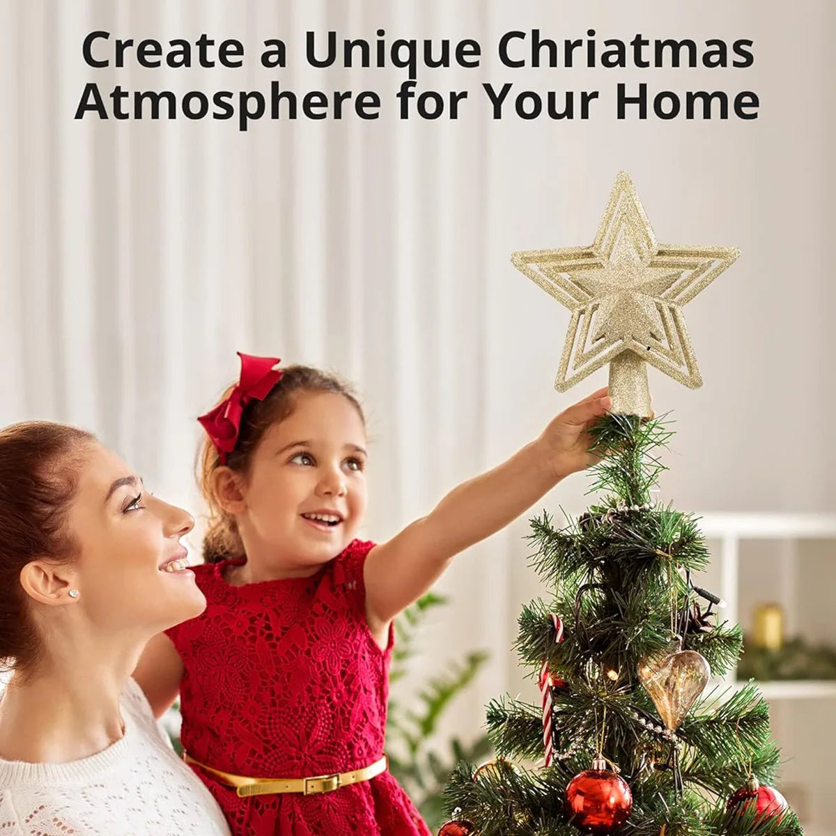 Christmas Tree Topper Star Light Projector Glitter Golden Star Tree Topper with Snowflake