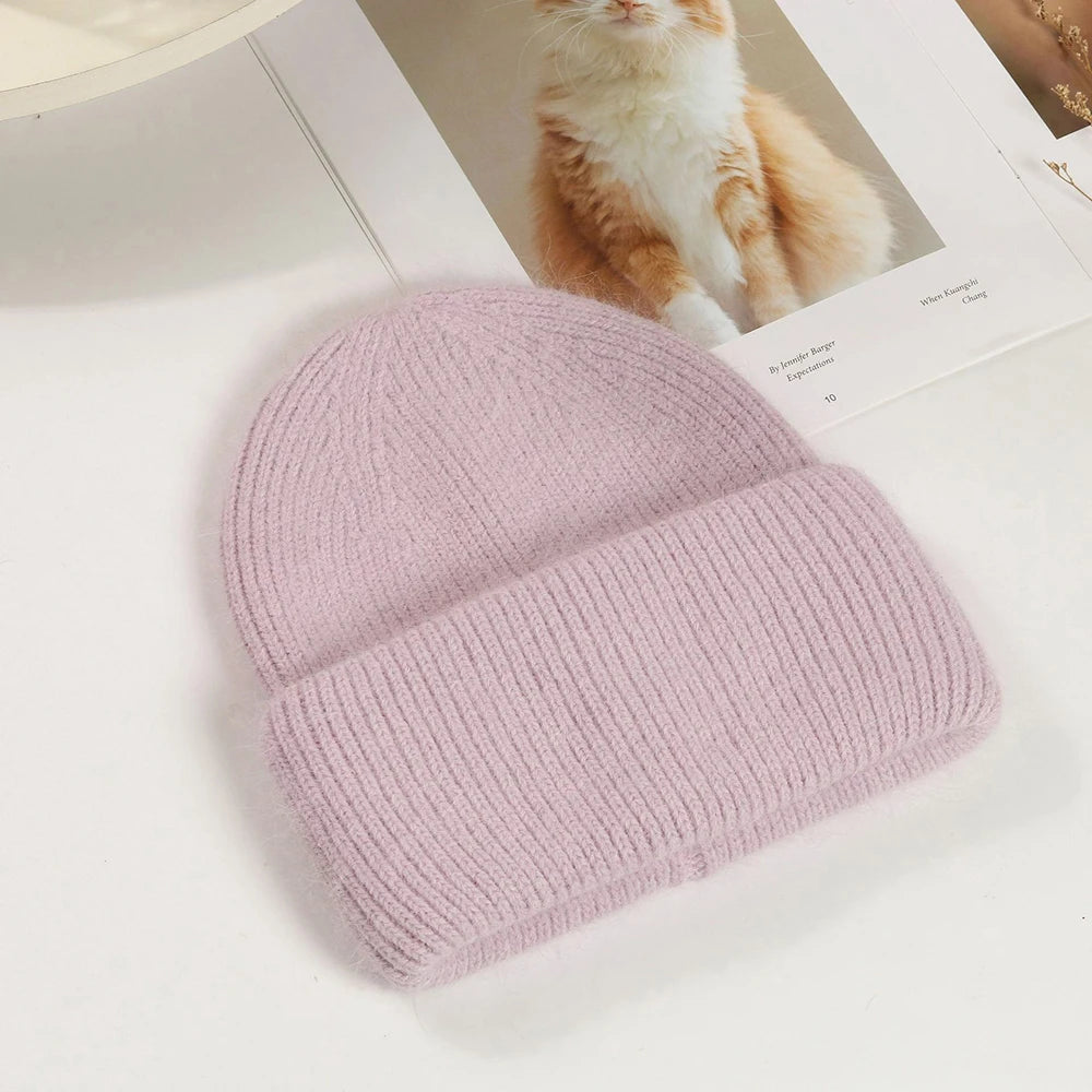 Knit Beanie Hat Real Angora Rabbit Fur Slouchy Skull Cap Winter Warm Stocking Hats