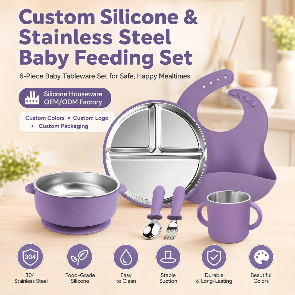 Children'S New Silicone & Stainless Steel Baby Toddler Feeding Cutlery Set 6 in 1 BPA