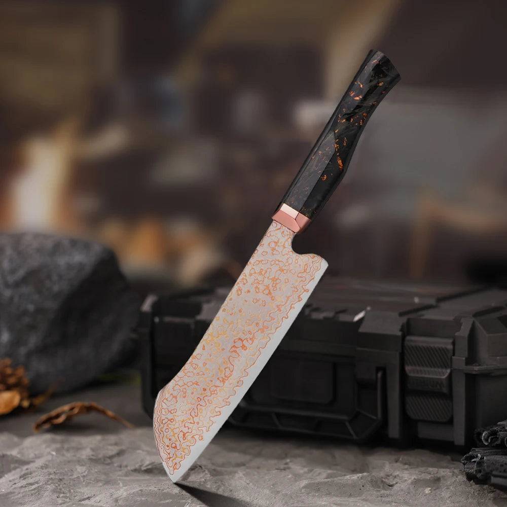 Japanese 77 Layers Rainbow Damascus VG10 10Cr15CoMoV Santoku Kitchen Knife Copper Bolster