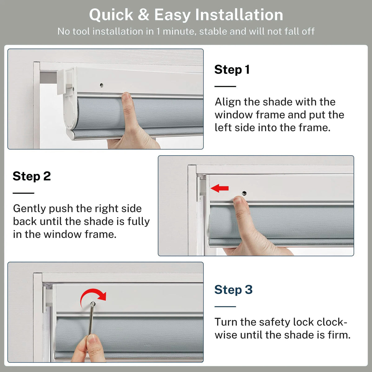 Blackout Free-Stop Roller Shades Privacy Window Spring No Tools No Drill Cordless Zebra