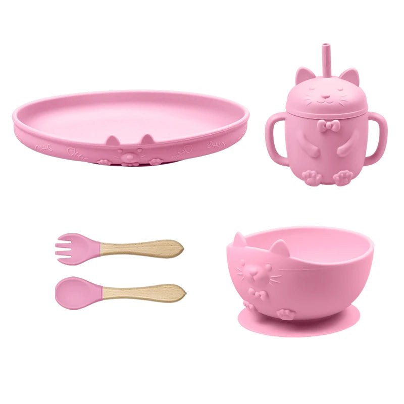 Food Grade Silicone Baby Feeding Set With Cup Bowl Plate Bib Spoon and Fork Easy Clean