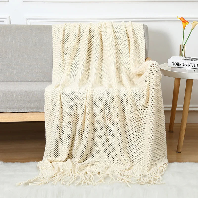 Chunky Knitted Blanket Sofa Throw Blanket With Tassels Weighted Blanket for Winter