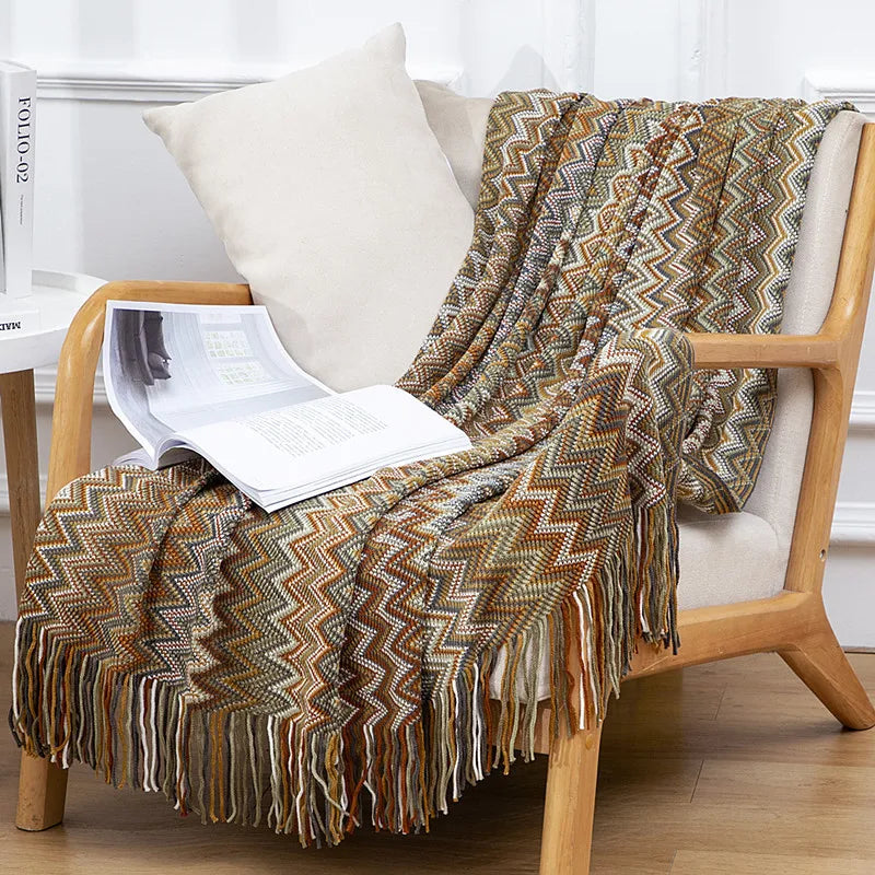 Chunky Knitted Blanket Sofa Throw Blanket With Tassels Weighted Blanket for Winter