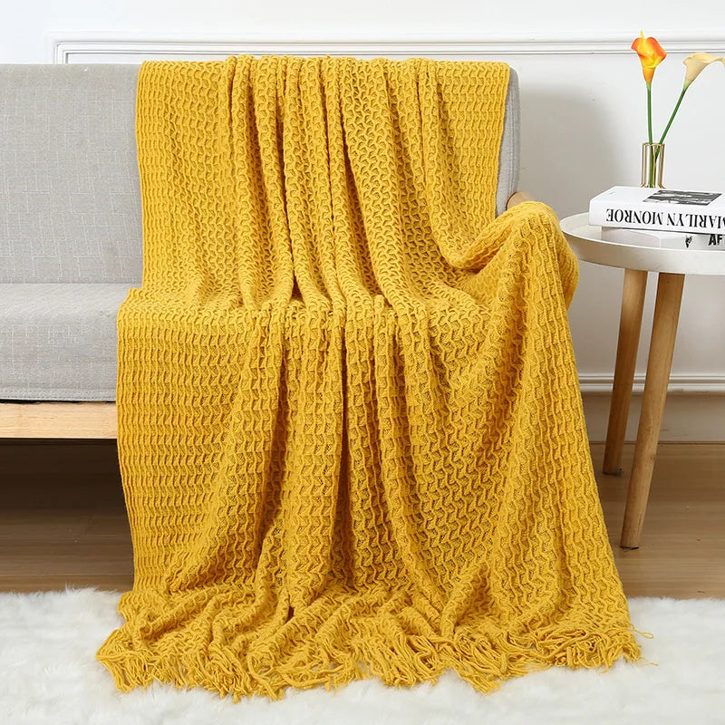 Chunky Knitted Blanket Sofa Throw Blanket With Tassels Weighted Blanket for Winter