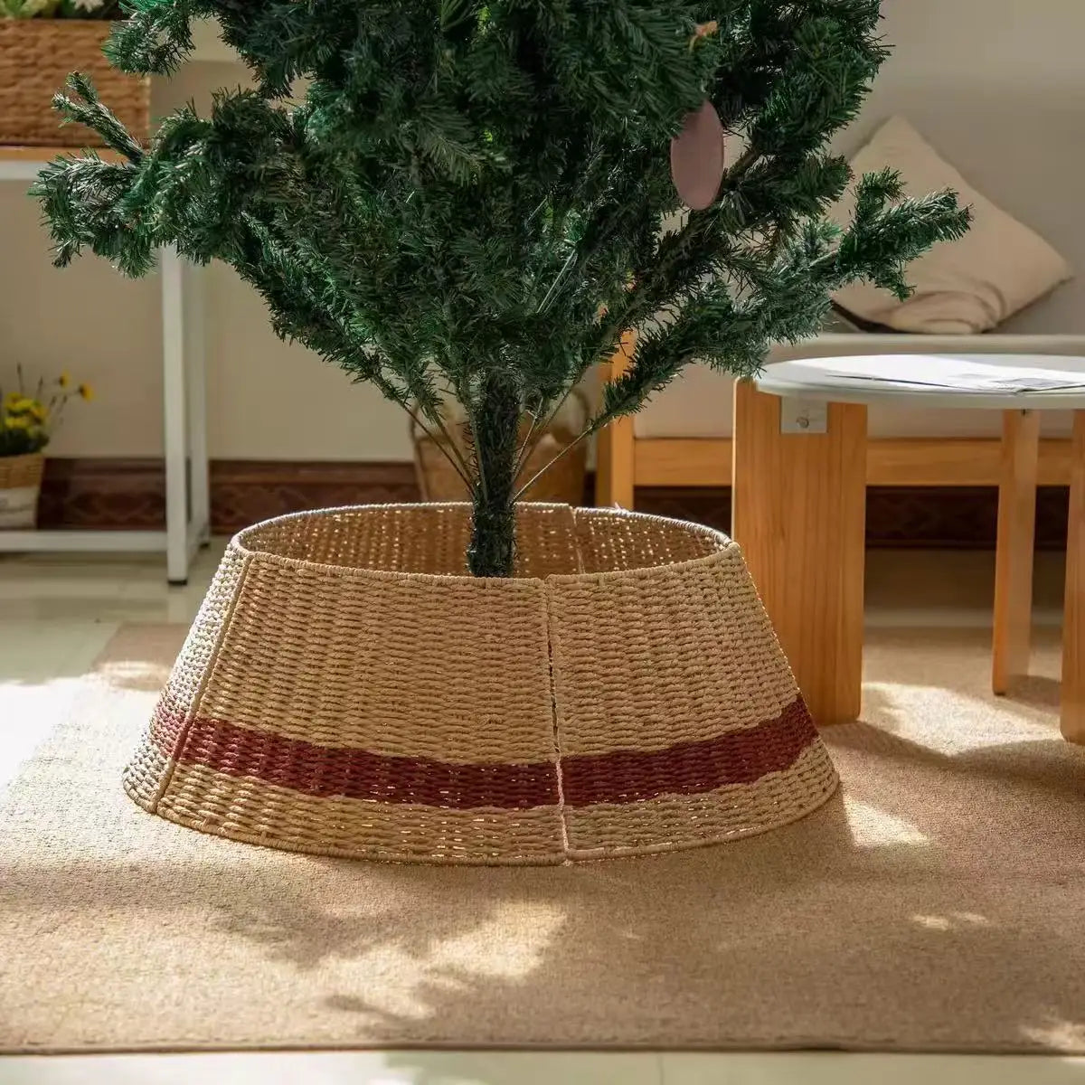 Handwoven Rattan Christmas Tree Collar Woven Tree Skirt Base Cover for Christmas Decor