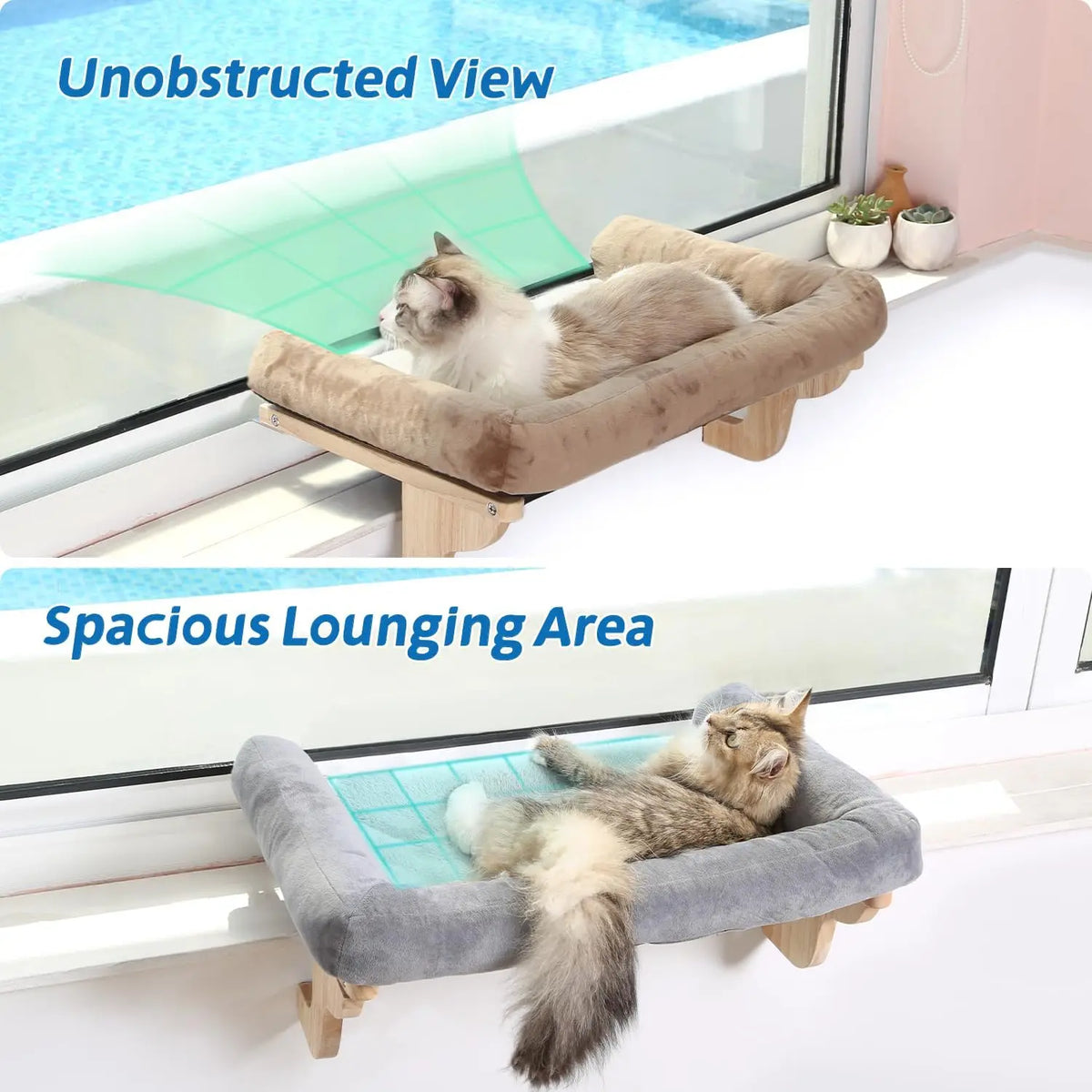 Cat Perch for Windowsill with Bolsters Machine Washable Hook-On Mount Hardwood & Metal