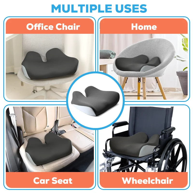 Ergonomic Memory Foam Seat Cushion with Coccyx Cut-Out for Office and Car