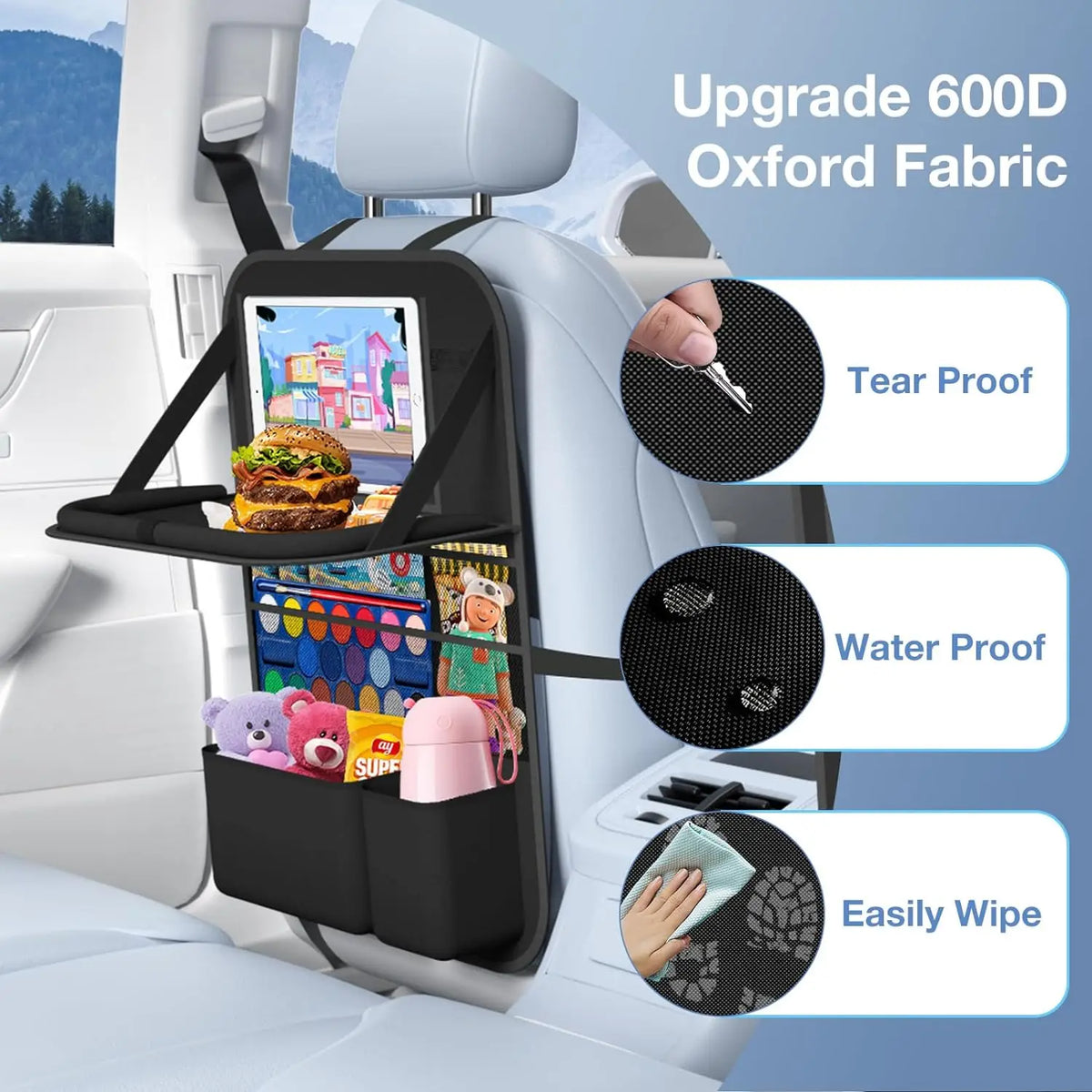 Car Backseat Organizer 9 Storage Pockets Tablet Holder Kick Mats Seat Protector Essential