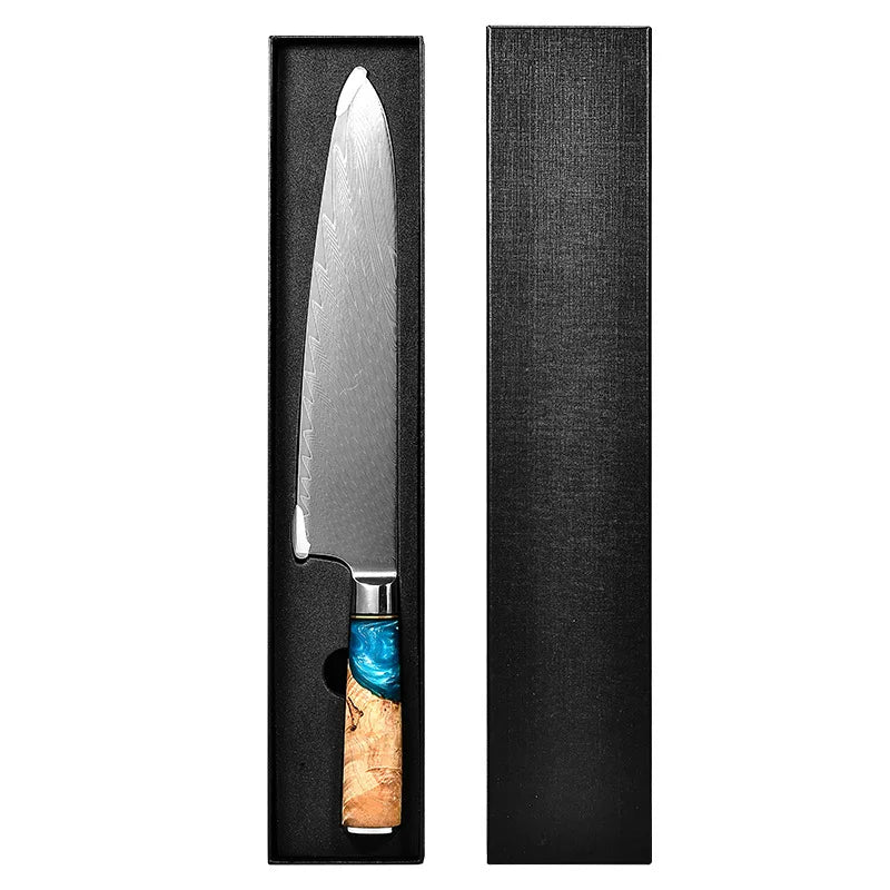 Damascus Steel VG10 Blue Resin Wood Handle 7 Piece Kitchen Chef Bread Santoku Knives