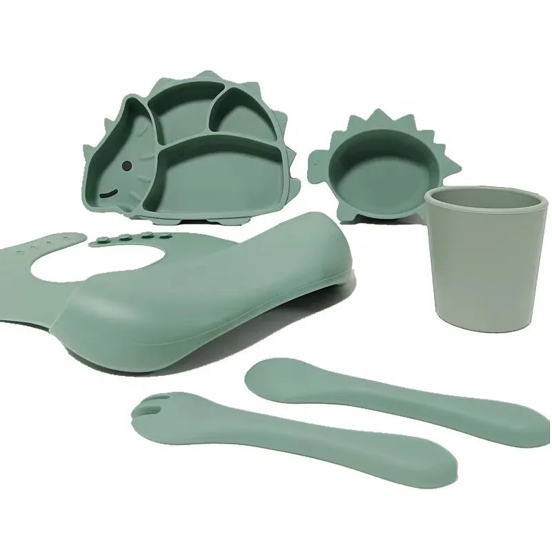 Fubon Silicone Manufactory Dinosaur Silicone Baby Feeding Set for Dinner Lunch Breakfast