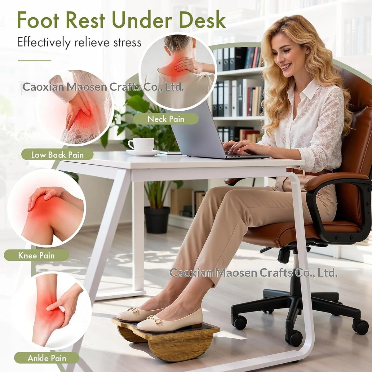 Wooden Footstool Low Stool Footrest Under-Desk Foot Pad Anti-Slip Office Legs