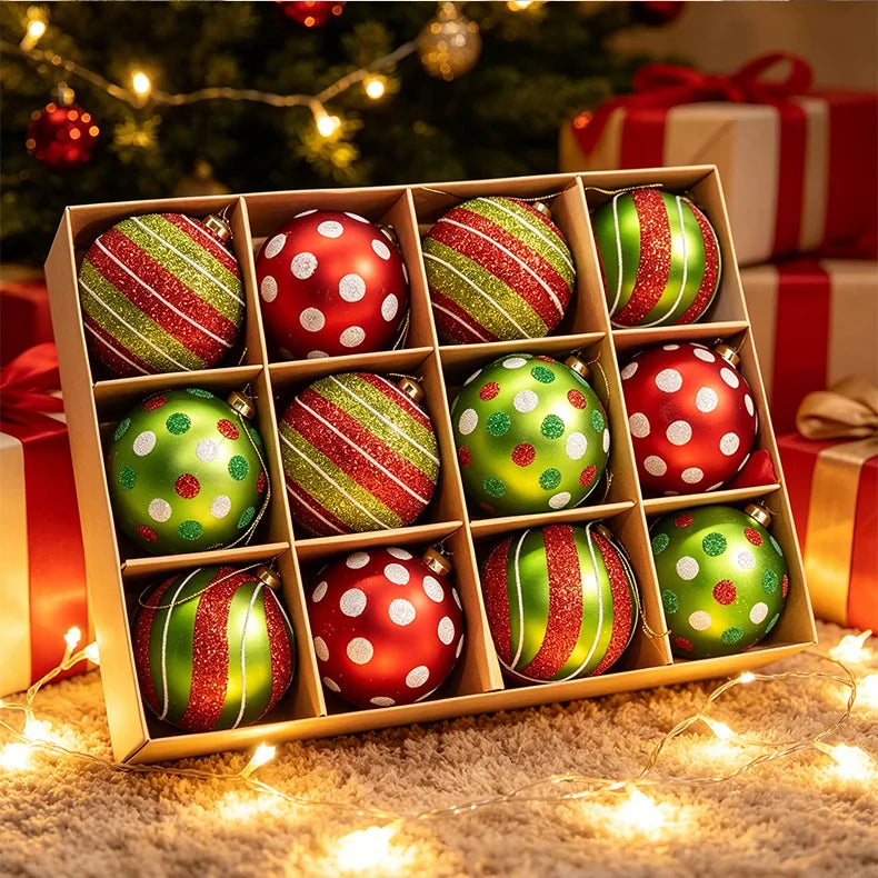12-Piece Plastic Electroplated Luxury Christmas Ball Set 8cm/6cm Santa Red Gold Green
