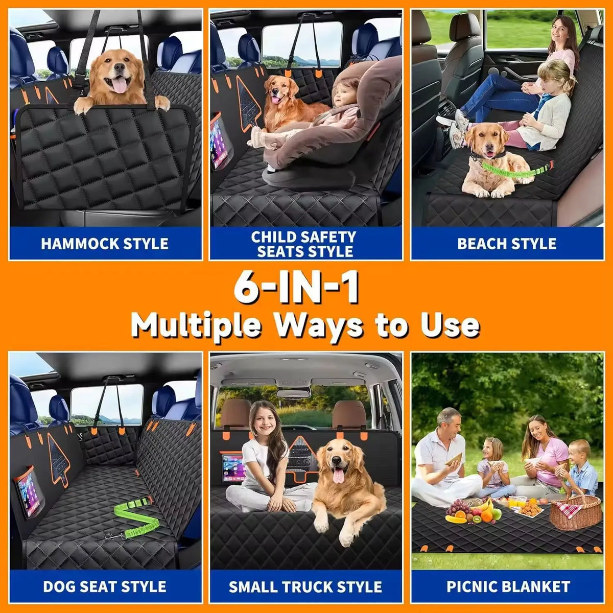 New Waterproof Dog Car Seat Cover 6-IN-1 600D Oxford Fabric Pet Back Seat Mat Scratch
