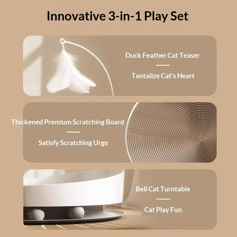 Interactive Cat Scratching Board Oval Cardboard Scratcher With Feather Wand Turntable Toy