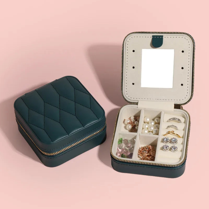 Women'S PU Leather Small Travel Jewelry Box Square Ring Organizer with Mirror
