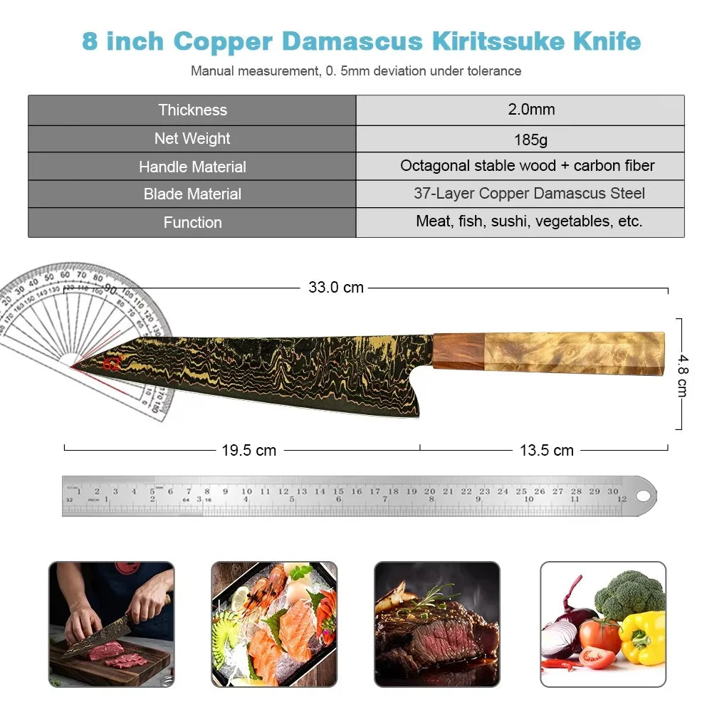 Handmade Japanese Kiritsuke Knife 8 Inch Copper Damascus Steel Kitchen Knife For Sushi