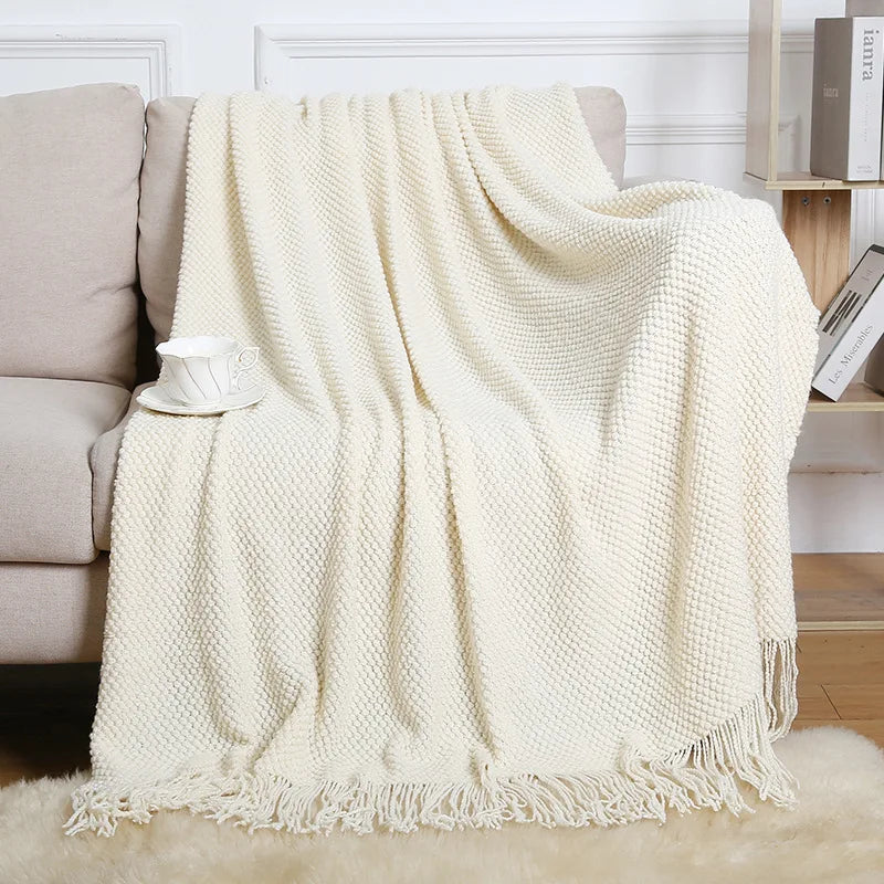 Chunky Knitted Blanket Sofa Throw Blanket With Tassels Weighted Blanket for Winter