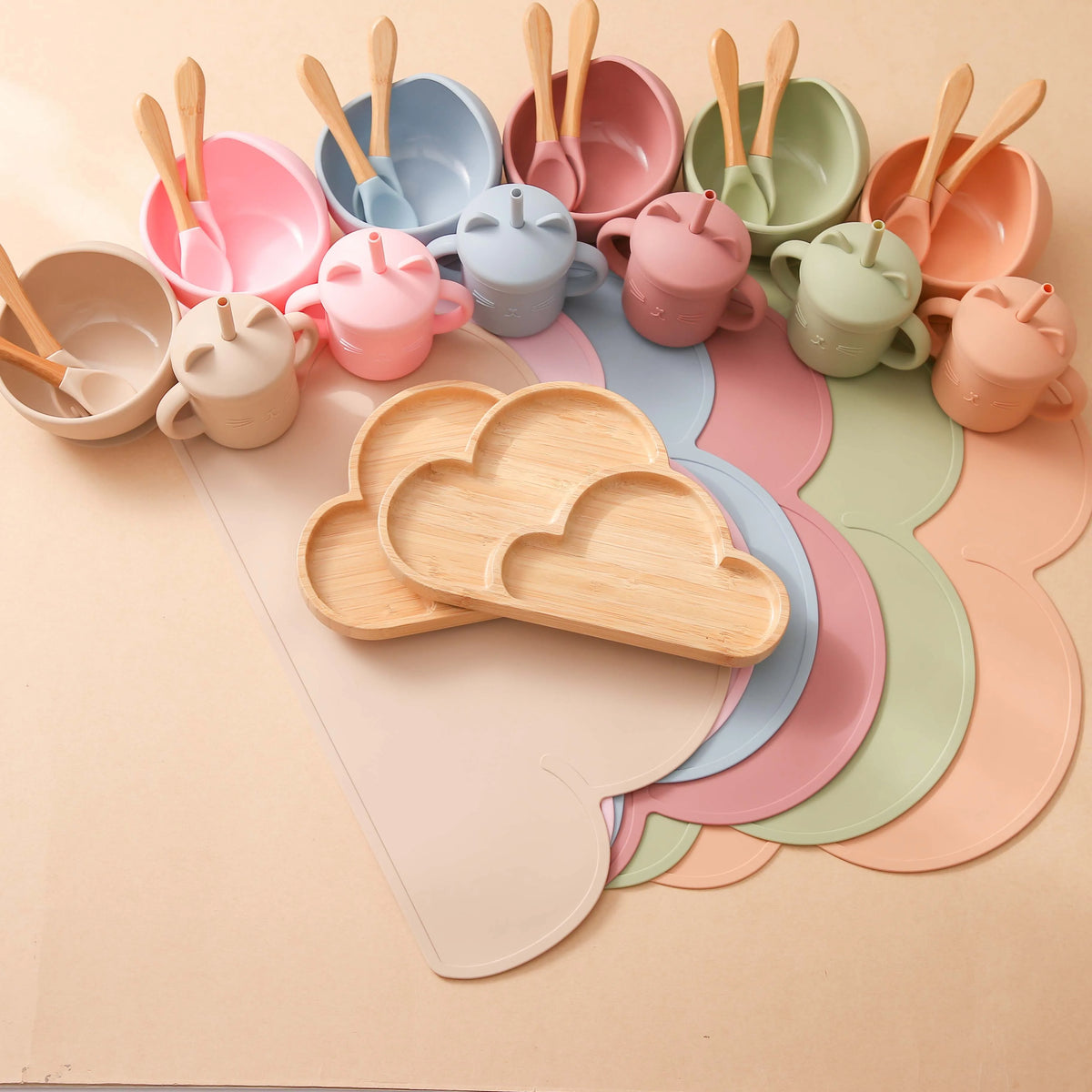 PGJ1201 Cartoon Design Silicone Baby Tableware Set Includes Plate Bowl Spoon Fork Sippy