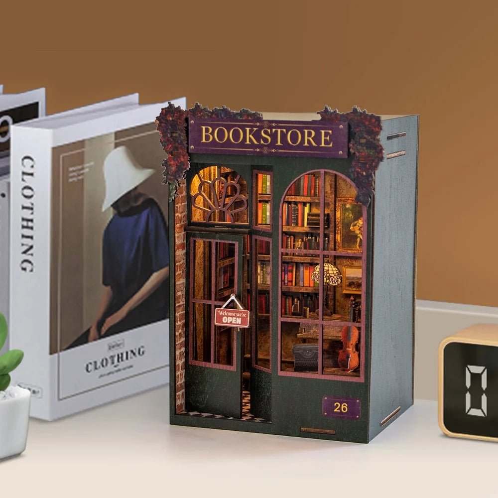 Library Book Nook Kit DIY 3D Wooden Puzzle Bookend with LED Light Miniature Doll House