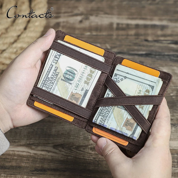 Contact'S Slim Magic Wallet Minimalist Full Grain Genuine Leather RFID Card Holder Wallet