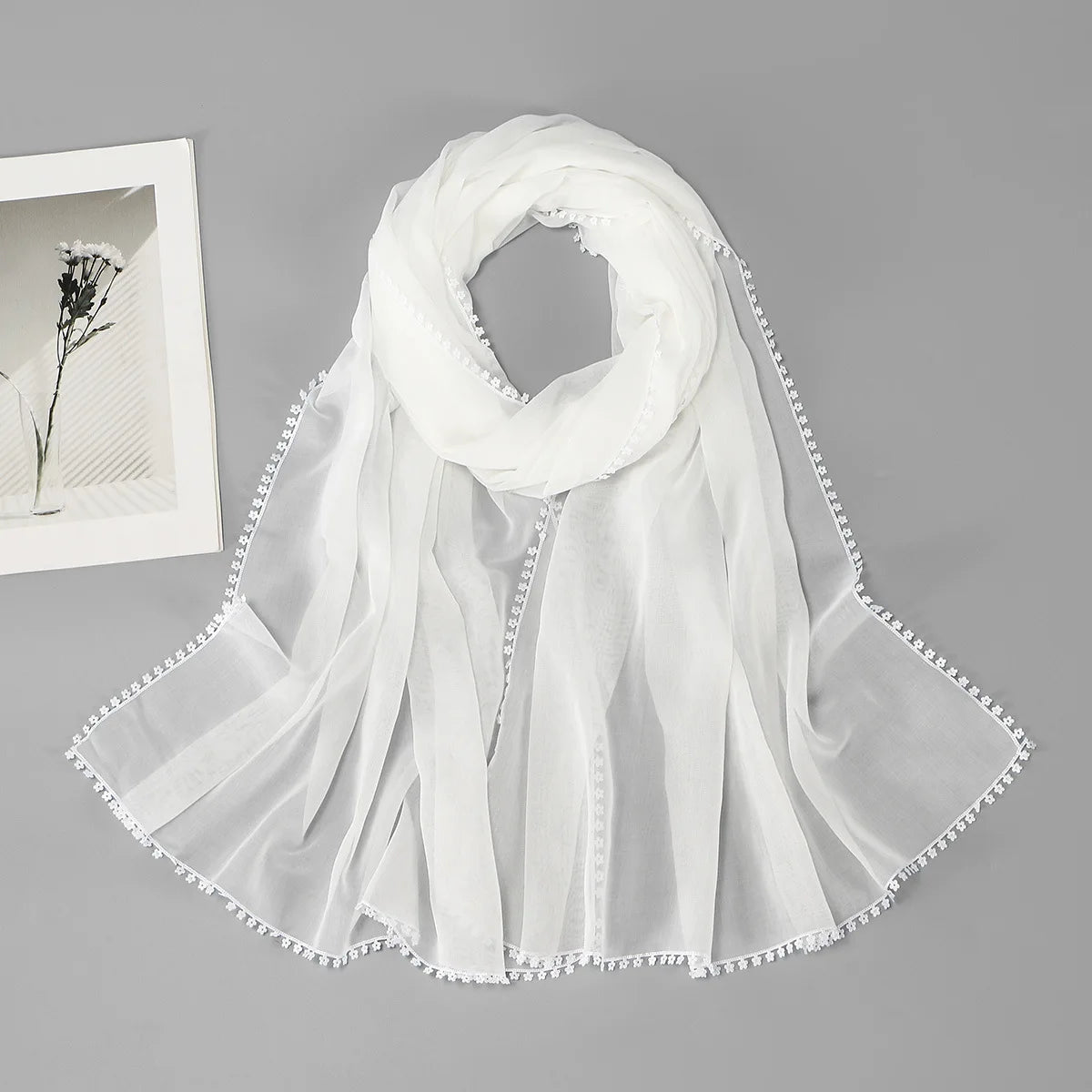 Womens Long Premium Plain Voile Hijab Delicate Lace Made Sheer Fabric Tudung Solid-Color