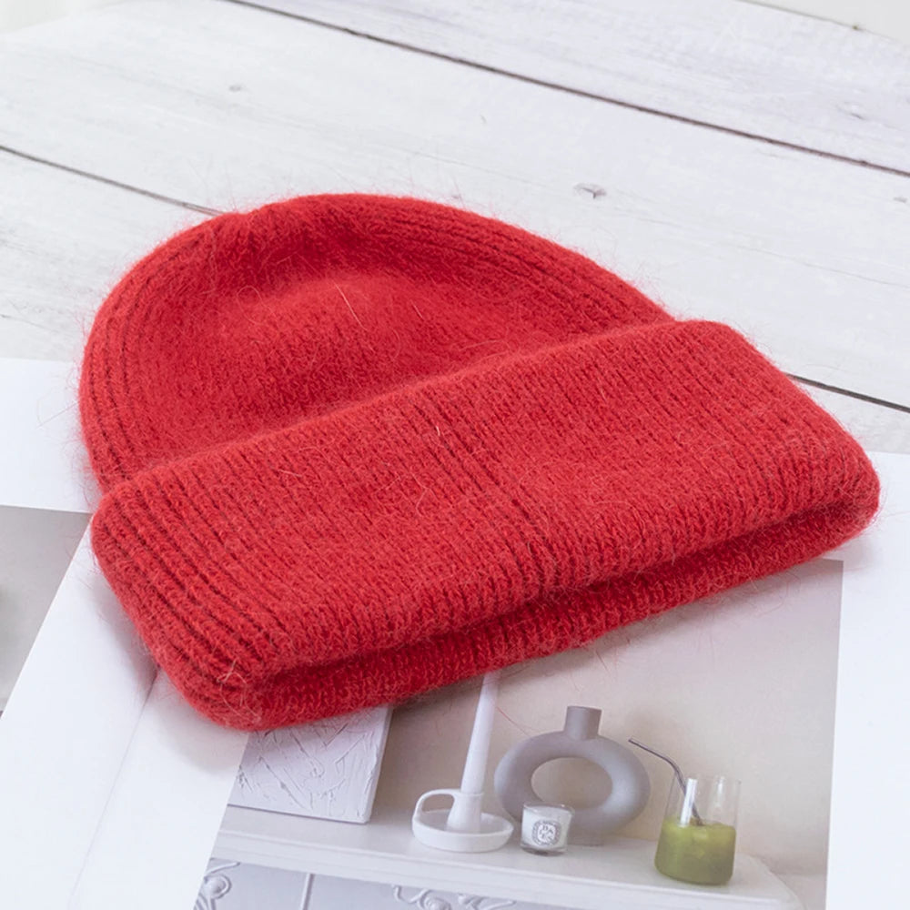 Knit Beanie Hat Real Angora Rabbit Fur Slouchy Skull Cap Winter Warm Stocking Hats