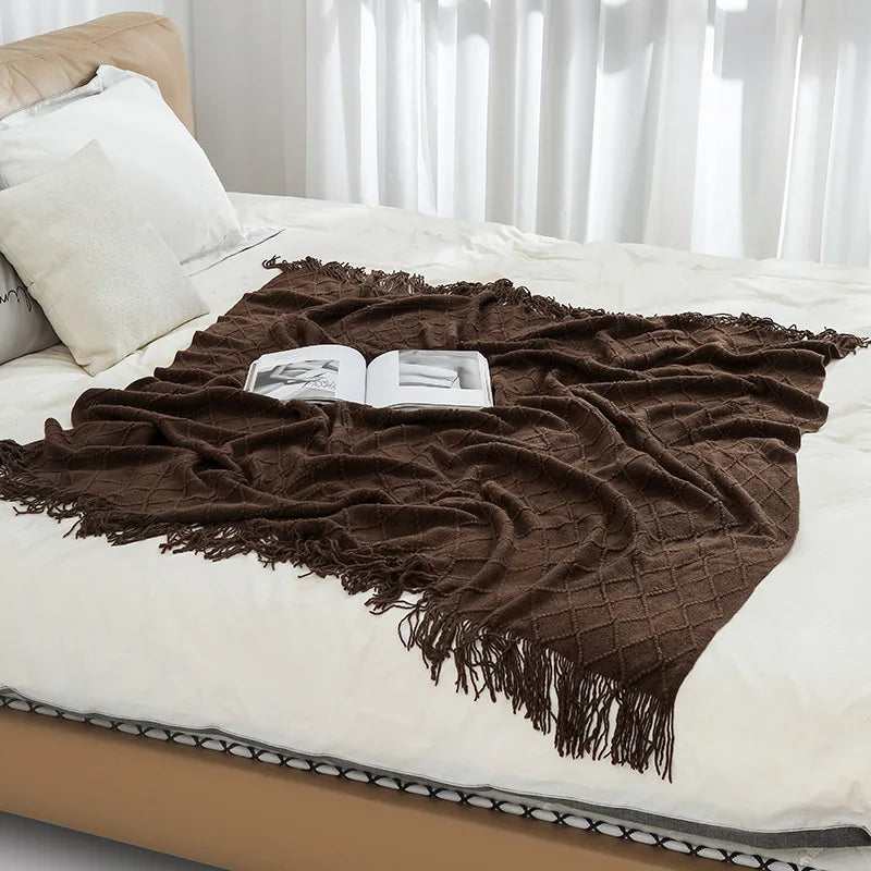 Chunky Knitted Blanket Sofa Throw Blanket With Tassels Weighted Blanket for Winter