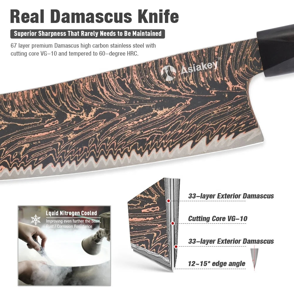 5 PCS 3- Color Copper Cu-Mai Damascus Steel Chef Knife Set With Stabilized Wood Resin