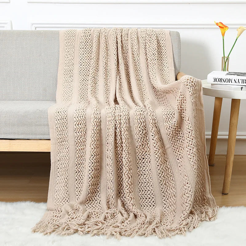 Chunky Knitted Blanket Sofa Throw Blanket With Tassels Weighted Blanket for Winter