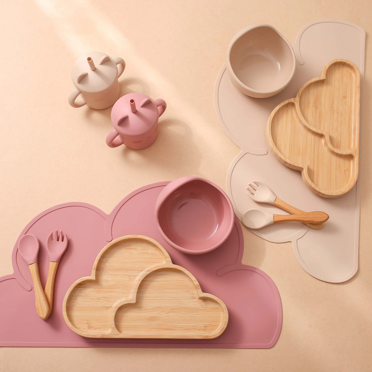 PGJ1201 Cartoon Design Silicone Baby Tableware Set Includes Plate Bowl Spoon Fork Sippy