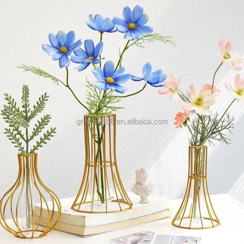 Glass Metal Gold Hydroponic Flower Glass Vase Plant Propagation Station With Tray