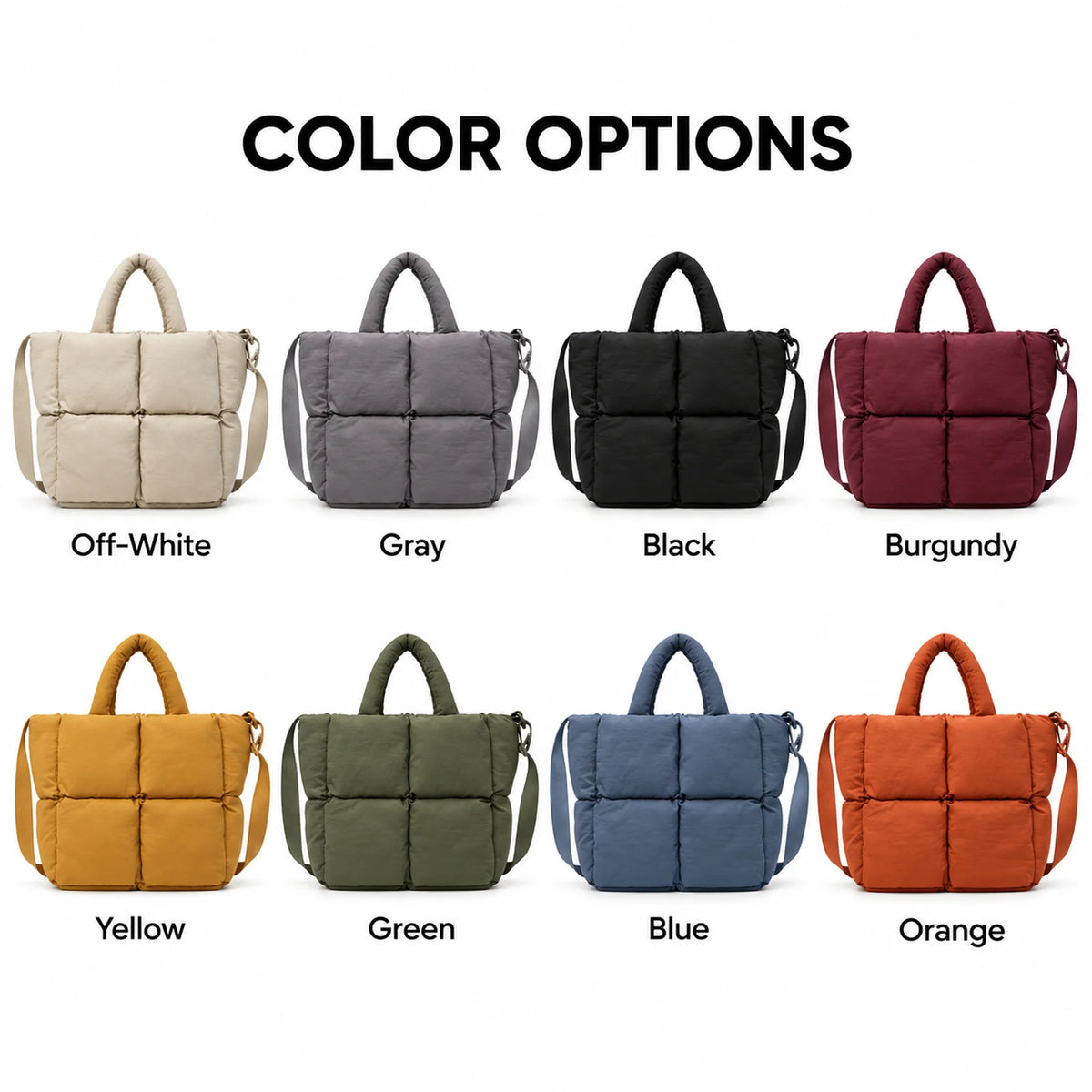 Custom Quilted Puffer Tote Bag Solid Color Water Resistant Large Capacity Shoulder Zipper
