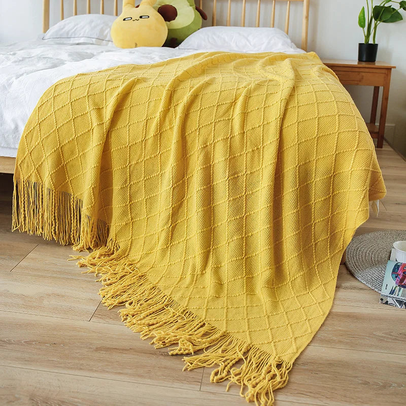 Chunky Knitted Blanket Sofa Throw Blanket With Tassels Weighted Blanket for Winter
