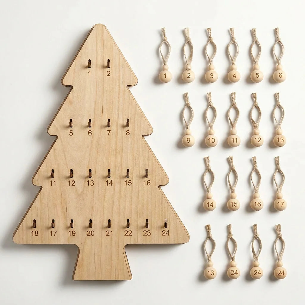 Christmas Wooden Crafts Advent Tree | 24-Day Countdown Calendar with Hooks | Laser Cut