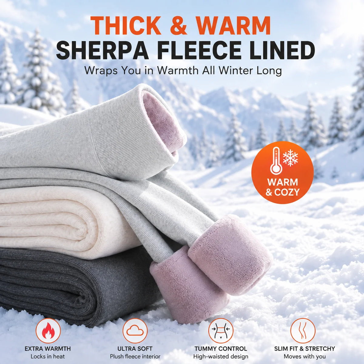 Womens Light Gray Fleece Leggings Purple Sherpa Lined High Waist Thick Winter Thermal