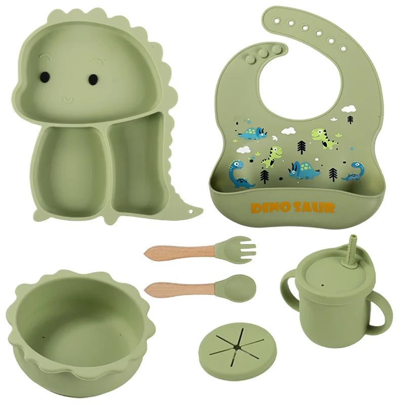 Baby Silicone Feeding Set Suction Plate Bowl Toddler Sippy Cup Cartoon Eco-Friendly Bpa