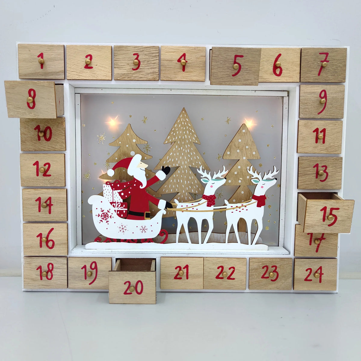 Handcrafted Wooden Christmas Countdown Advent Calendar Box LED Lighting Santa Reindeer