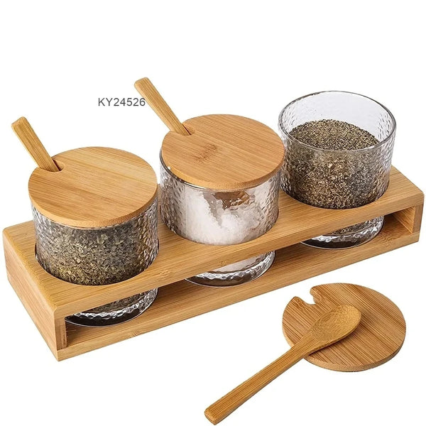 WS294 Wooden Spice Organizer Bamboo Shelf Seasoning Box Glass Storage Jar Set With Bamboo