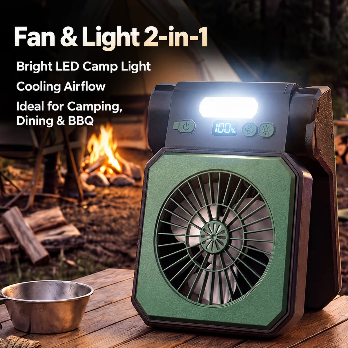 MoonlitGlow Custom Solar Rechargeable Camping Fan LED Light 3-Speed Control Dual-Core