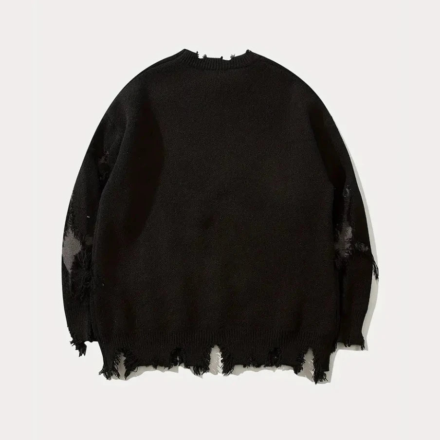 Custom Men'S Cozy Halloween Skeleton Knit Ripped Sweater Casual Stretch Crew Neck