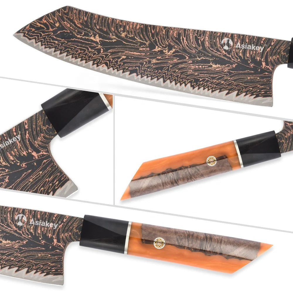 5 PCS 3- Color Copper Cu-Mai Damascus Steel Chef Knife Set With Stabilized Wood Resin