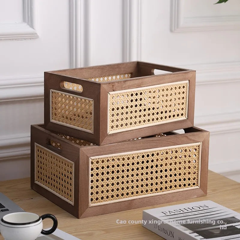 Japanese-Style Solid Wood Rattan Storage Basket Desktop Organizer CDs Stationery Books