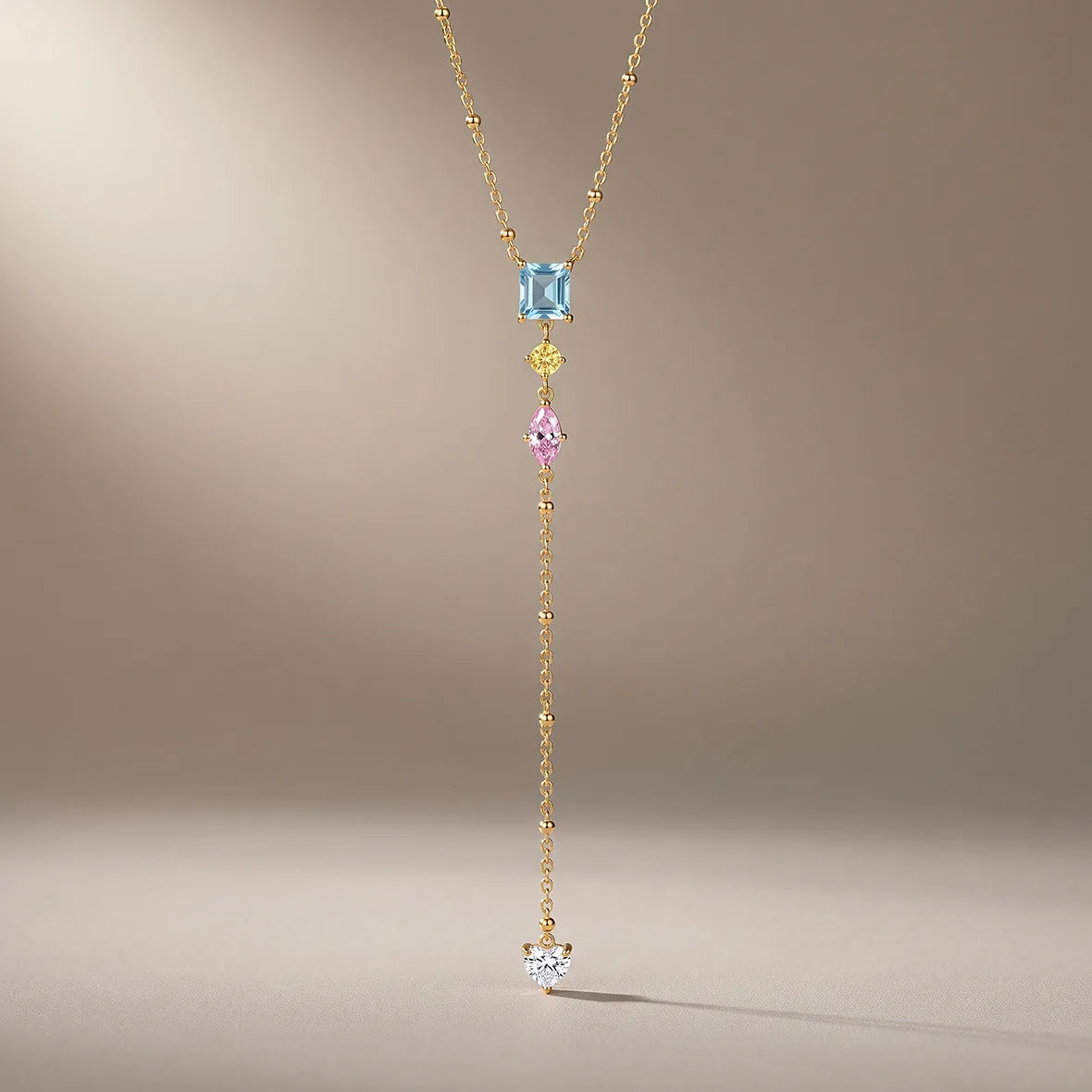 Stainless Steel Y-Drop Multicolor Crystal Pendant Necklace 18K Gold Plated Heart CZ Stone