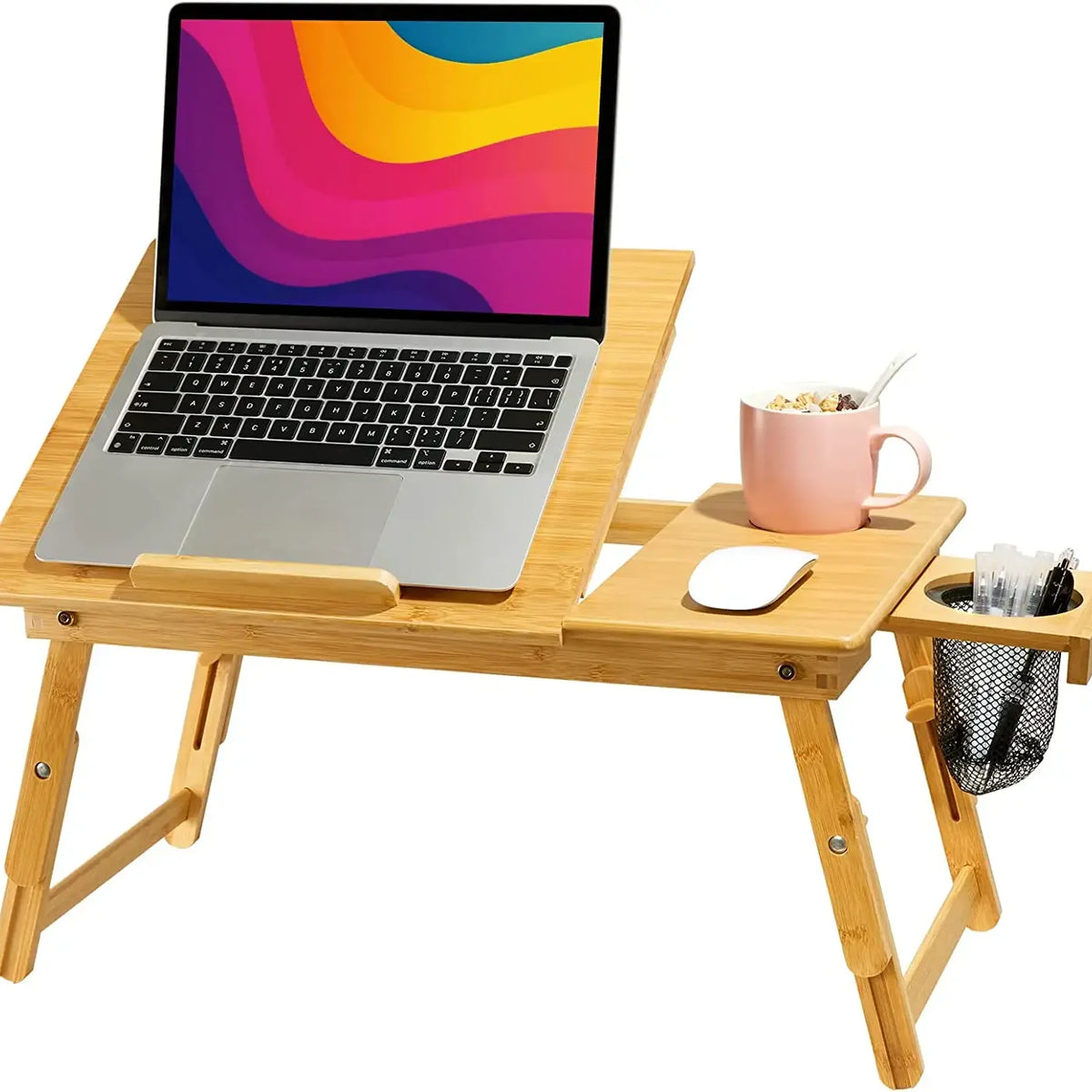Foldable Bamboo Laptop Stand Adjustable 5-Height Tilt Riser with Docking Station for Desk