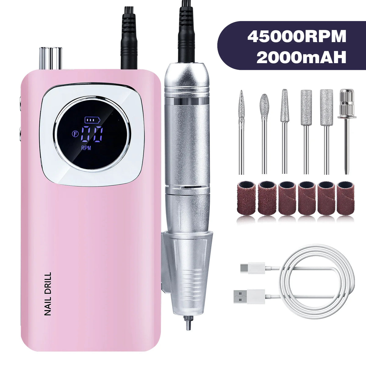 Professional Nail Drill Portable Rechargeable 45000RPM High Speed Electric Nail Polish