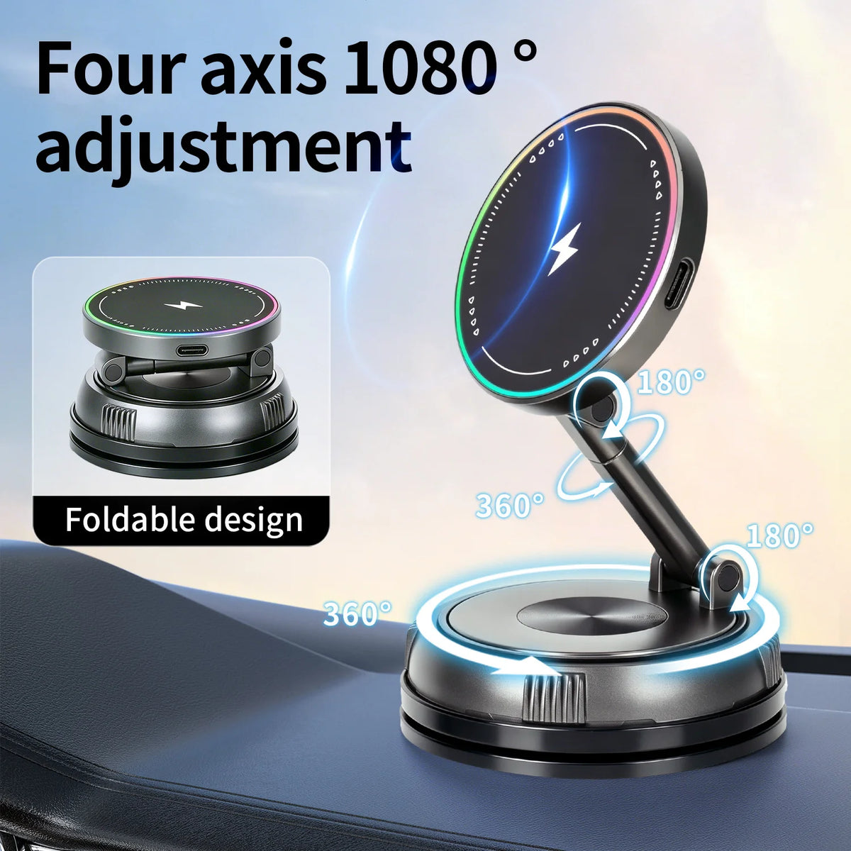 15W Magnetic Car Phone Holder 360-Degree Rotation Wireless Charger Vacuum Suction Cup