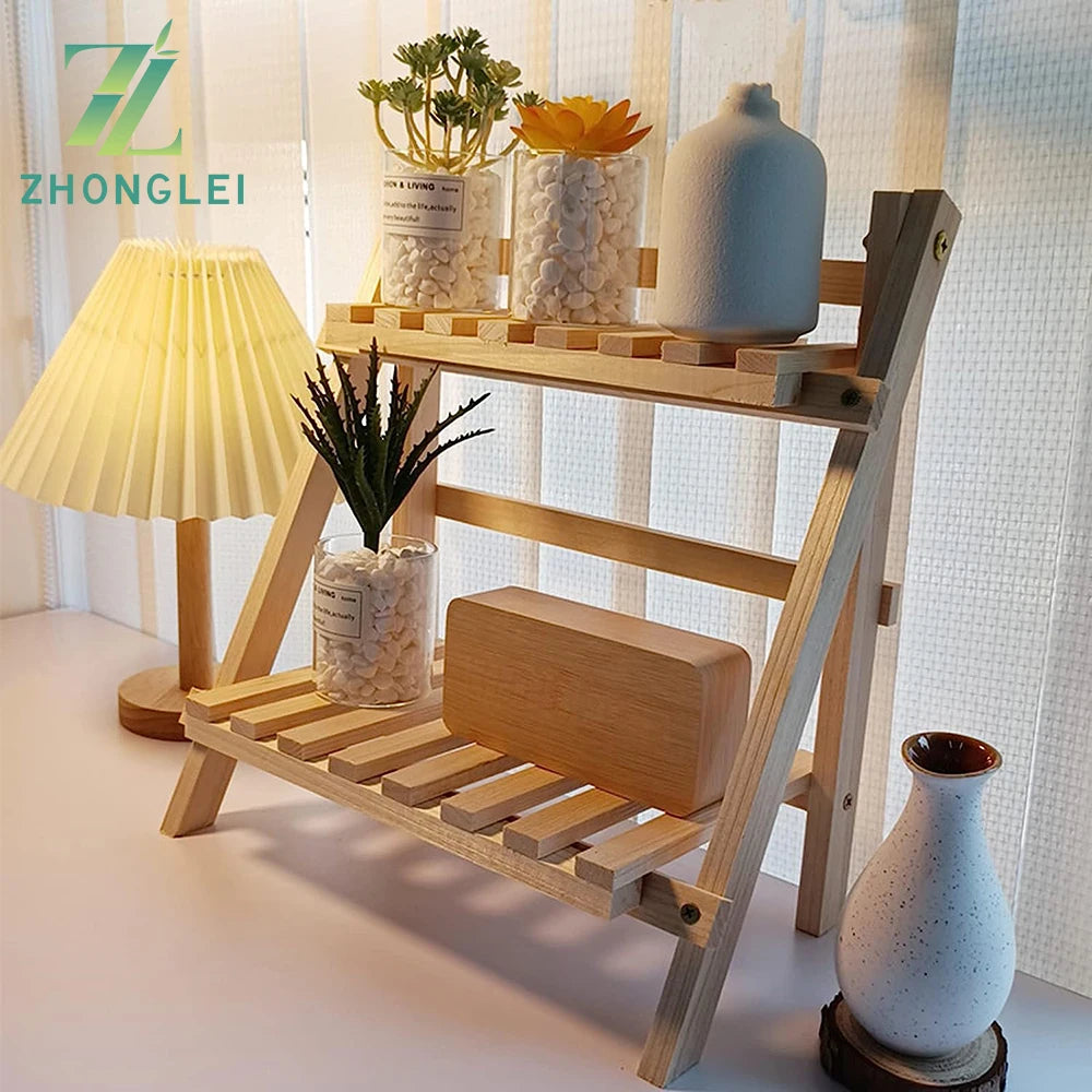 Wooden Double Layer Rack Desk Storage Organizer