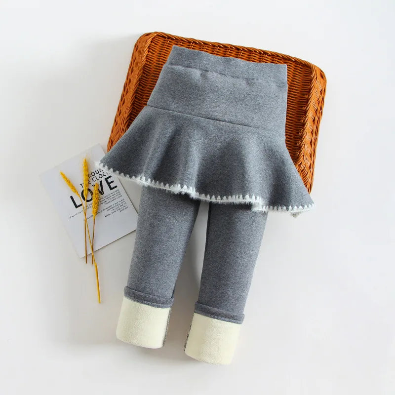 Children Designer Clothes Girls' Fleece-Lined Skort Leggings 2-in-1 Winter Pants for Kids