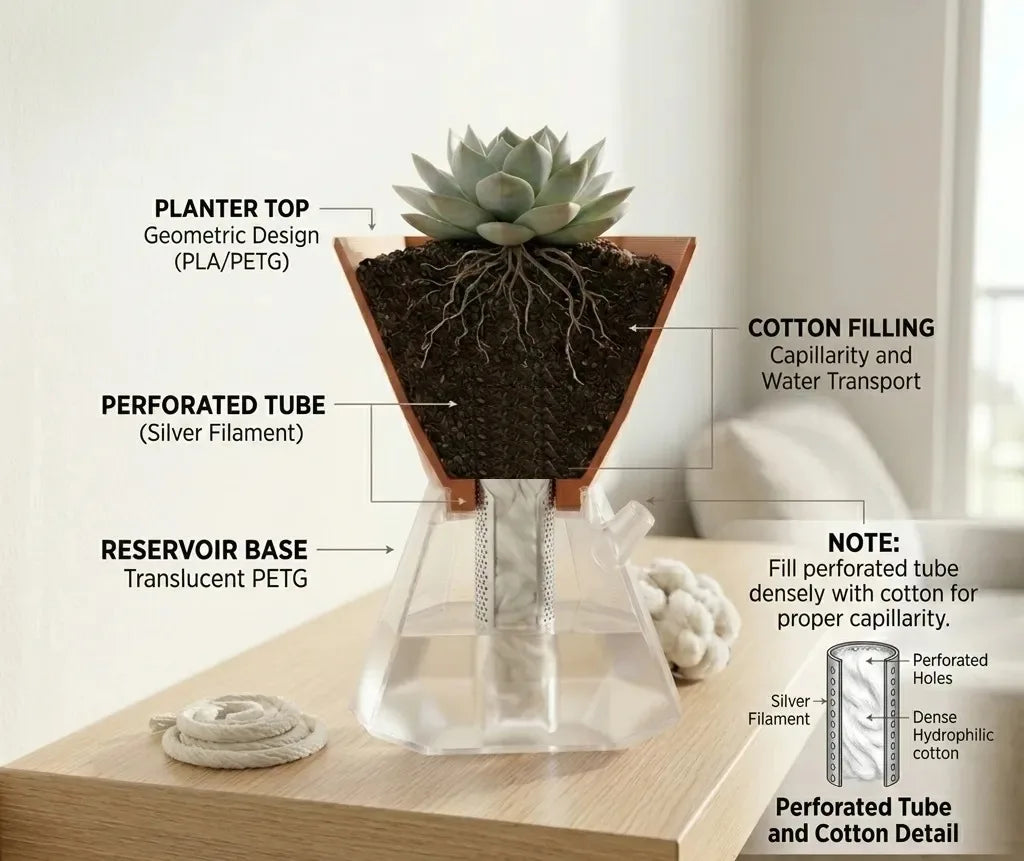 Self-Watering Planter Utilizing Capillary Wicking Principle Featuring Transparent Bottom